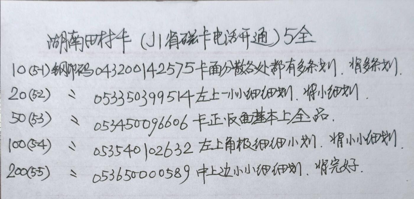 公藏第60期裸卡拍卖 湖南田村卡【J1  省磁卡电话开通纪念】5全品相钢印码见描述。