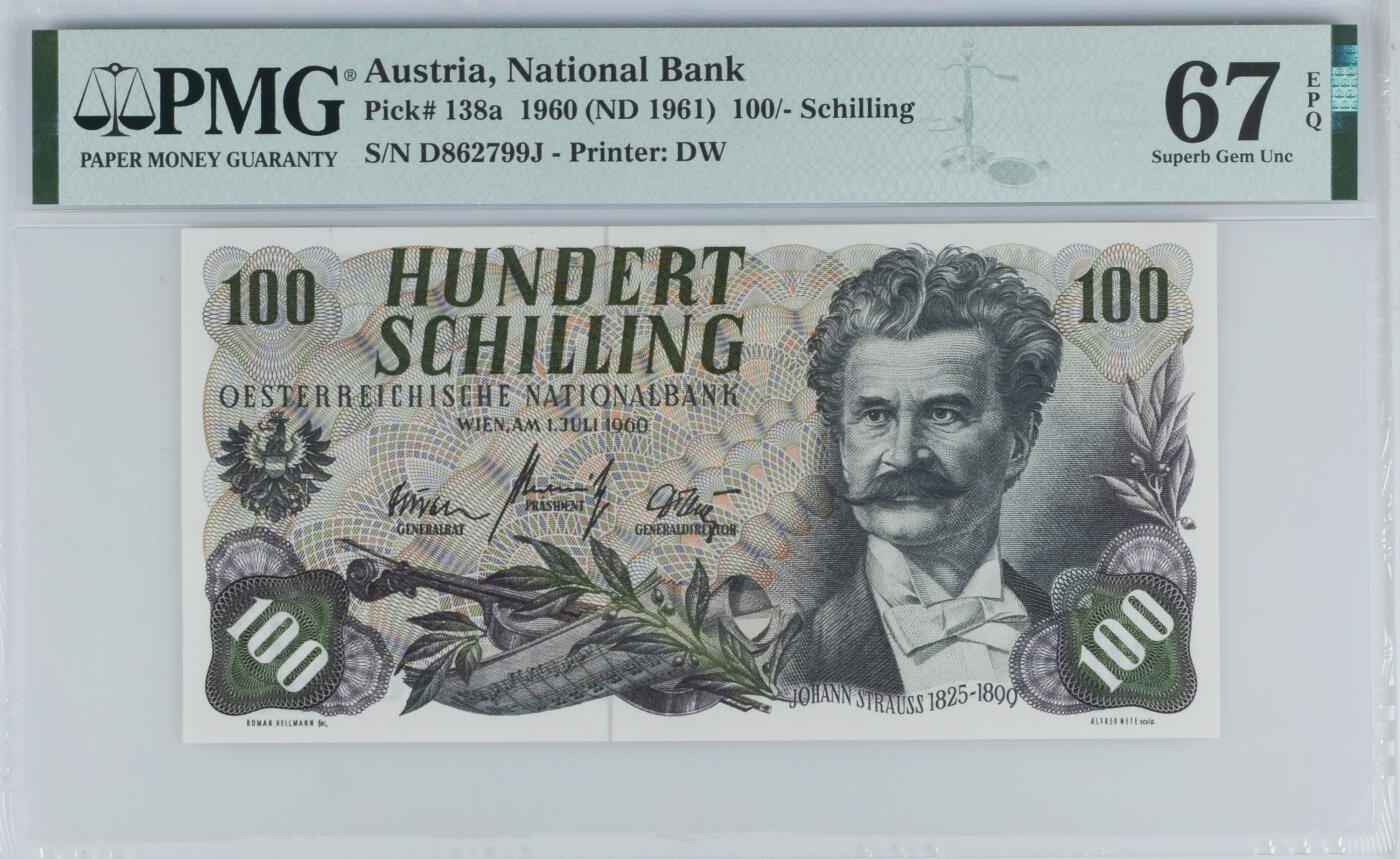 《艾美收藏》第227期-1.3周六外币黄金场-马年首拍 奥地利1960年100先令PMG67E亚军分无4双尾99，冠军68分仅7张，名誉品约翰施特劳斯，雕刻与油墨一流