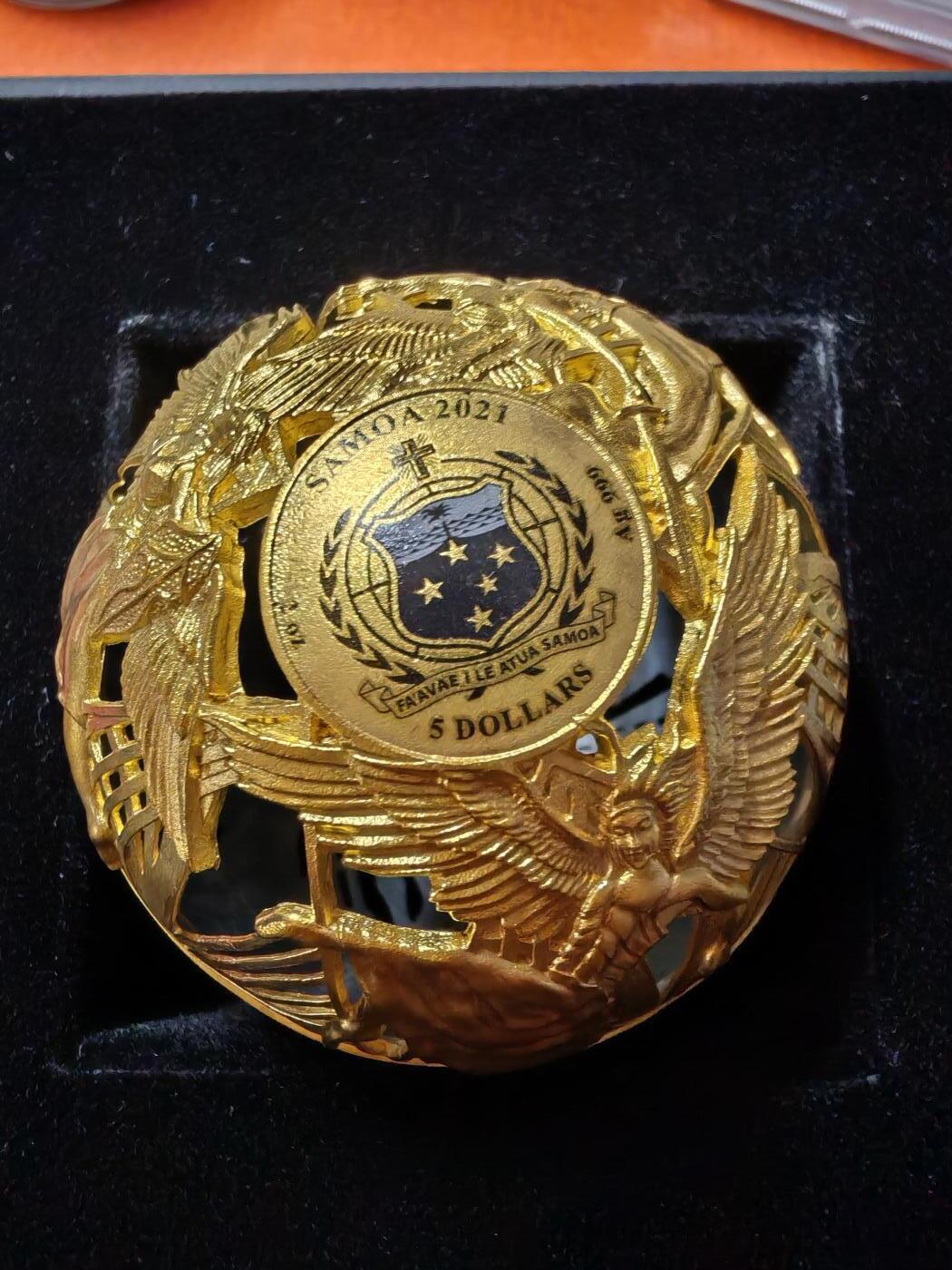 长老汇蛇年精选第九十一场拍卖 2021萨摩亚天与地5元球形镀金镂空仿古银币，2盎司999银，盒证全，1499枚