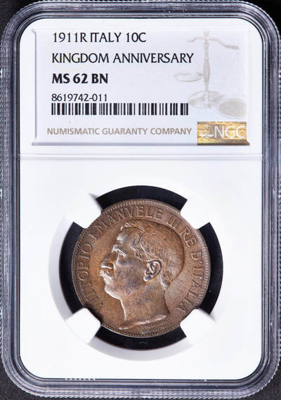 【俄甄集藏】2026年(046)01-07 星期三 晚 19:30 全场包邮 - 意大利1911年R版伊曼纽尔三世建国50周年播种10分铜币，NGC MS62，原光品相，名誉品种，设计精美