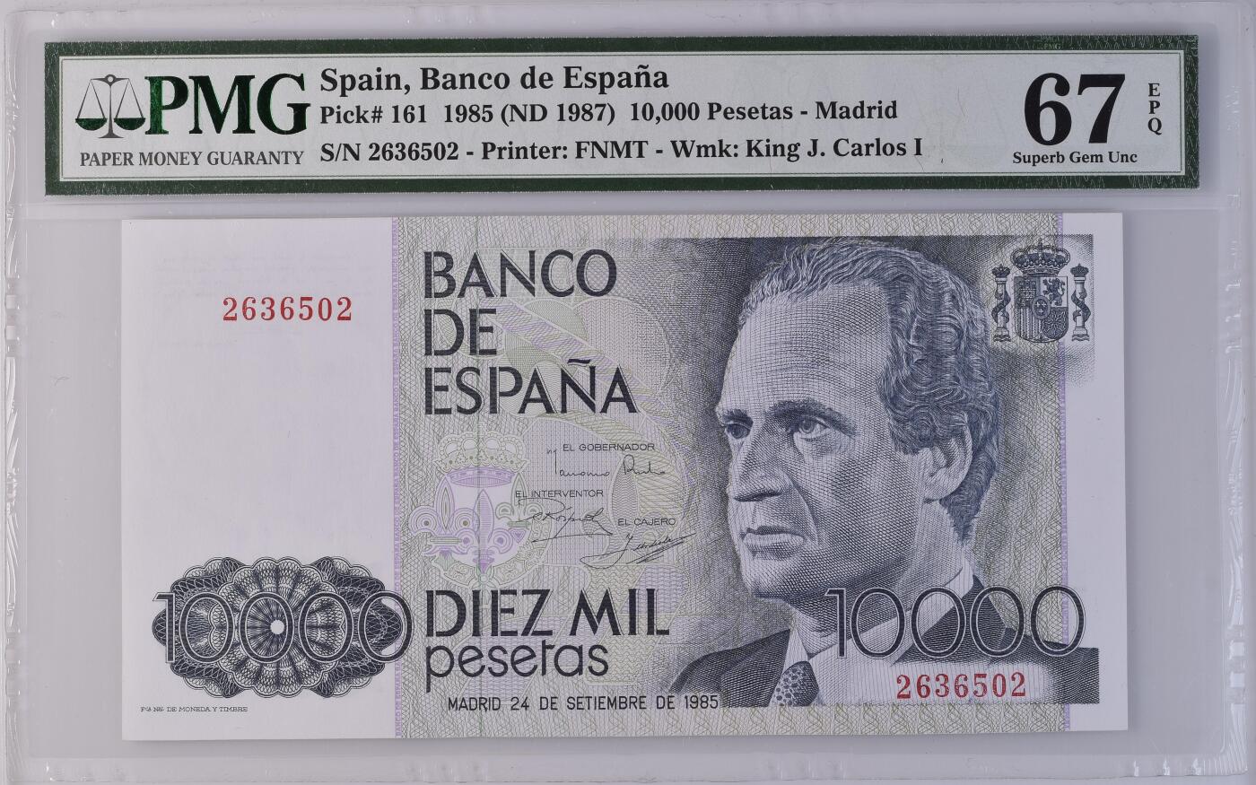《艾美收藏》第227期-1.3周六外币黄金场-马年首拍 西班牙1985年10000比塞塔最高值PMG67E亚军分无47 冠军68分仅8张 西班牙国王卡洛斯一世