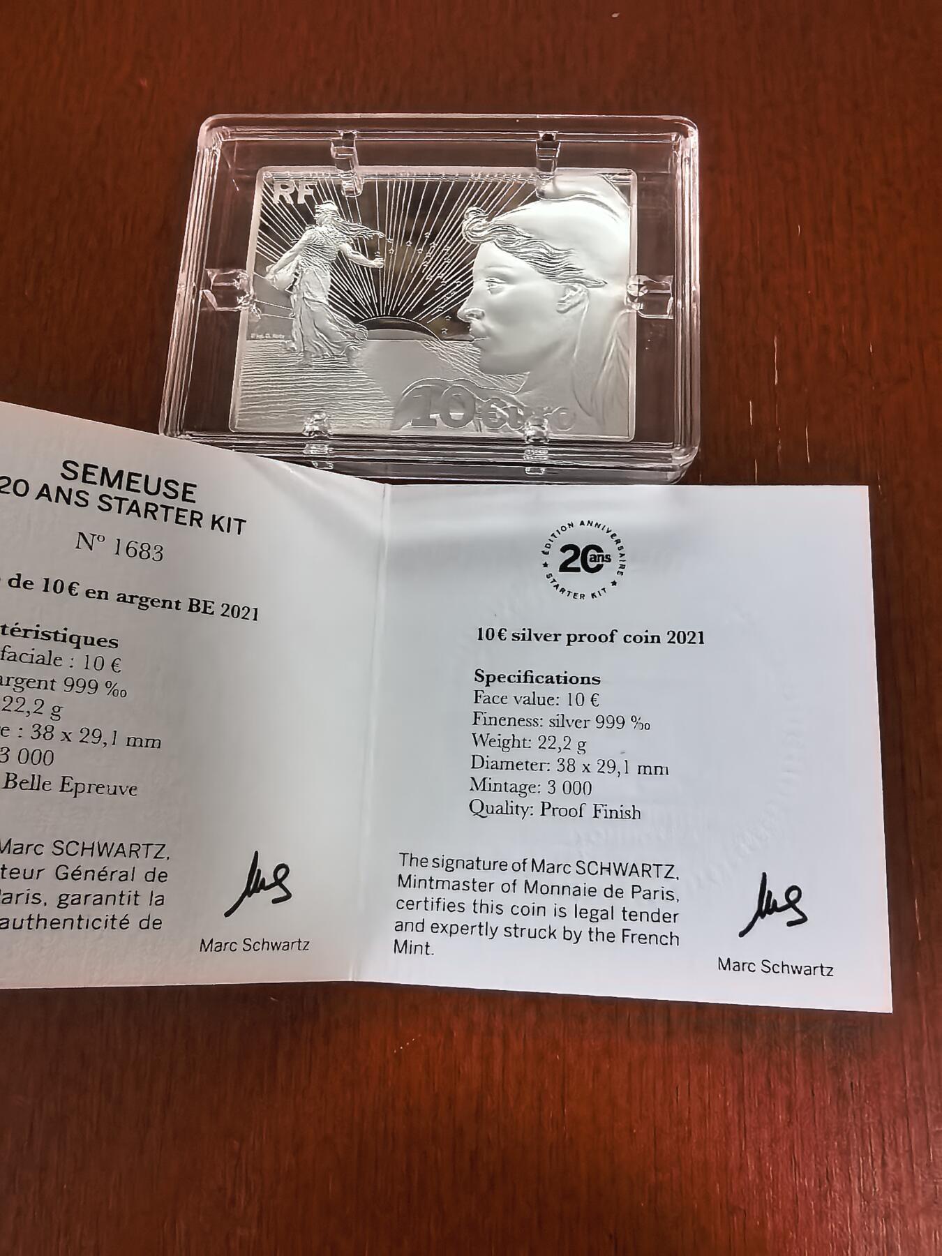 长老汇蛇年精选第九十一场拍卖  2021法国罗蒂名作播种者10欧元矩形精制银币，盒证全，3000枚