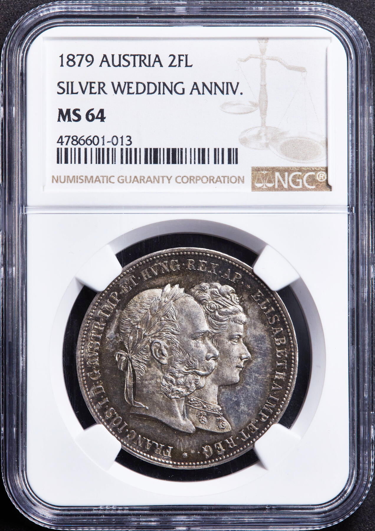 【俄甄集藏】2026年(046)01-07 星期三 晚 19:30 全场包邮 奥地利1879年弗朗茨一世与茜茜公主银婚纪念2弗洛林银币，NGC MS64，酱彩老包浆，细节犀利，名誉品种