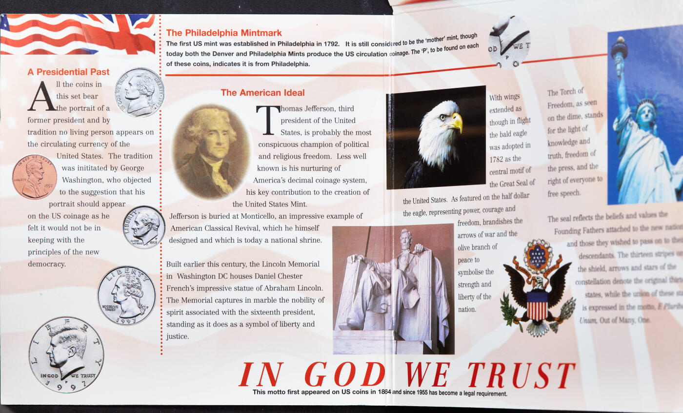 【俄甄集藏】2026年(046)01-07 星期三 晚 19:30 全场包邮 美国1997年费城造币厂1分-半元册装硬币6枚套，全新品相