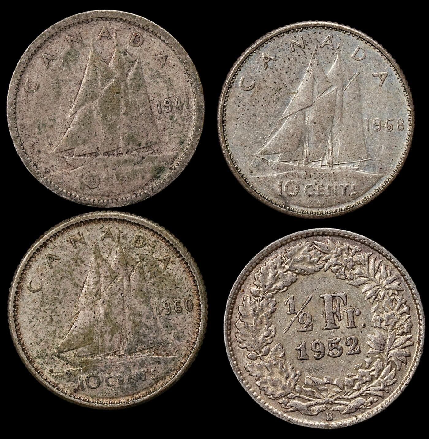 修遠堂世界钱币第一百期 加拿大-瑞士银币4枚 总重9.28g，含银80%