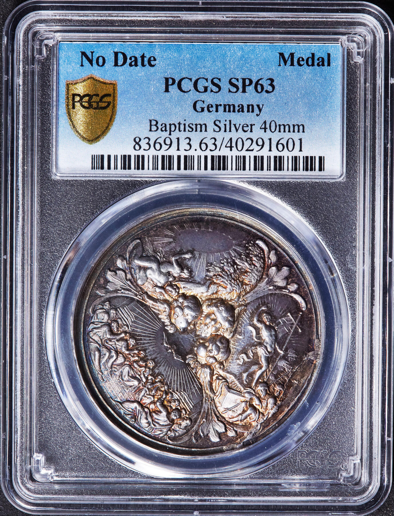 【俄甄集藏】2026年(046)01-07 星期三 晚 19:30 全场包邮 德国19世纪天主教无纪年宗教洗礼天使、圣徒巴洛克风格大银章，PCGS SP63，黄油彩老包浆