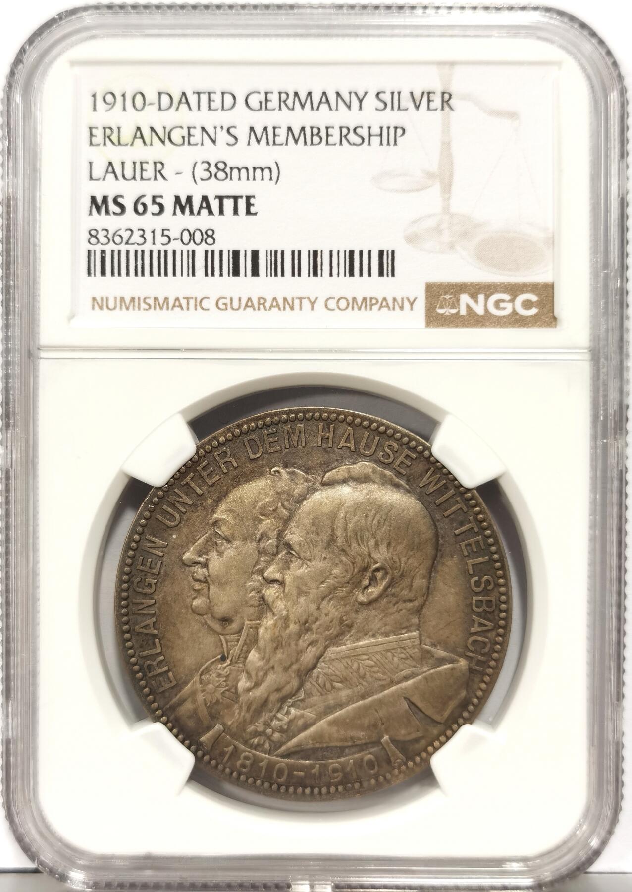 博洋堂“岁启嘉年”2026新年精品大拍专场暨第155期（全场包邮） NGC MS65MATTE 1910年德国埃尔兰根与维特尔斯巴赫百年友谊纪念银章。正面是马克西米利安·约瑟夫一世和摄政王路易特波德的半身像、反面则是两座城市的纹章。名家LAUER精品之作，磨砂工艺视觉效果极为震撼。极为罕见的品种，麦稀奇首见，公开市场仅见品