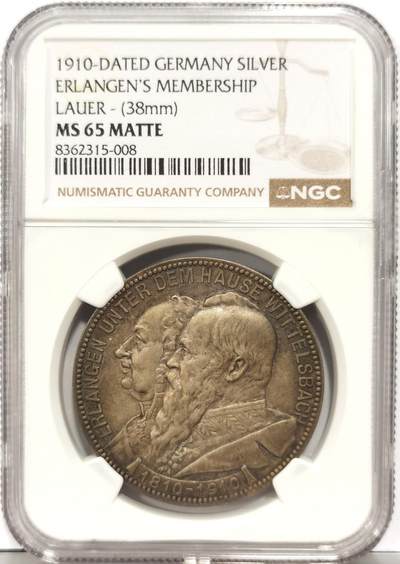 博洋堂“岁启嘉年”2026新年精品大拍专场暨第155期（全场包邮） - NGC MS65MATTE 1910年德国埃尔兰根与维特尔斯巴赫百年友谊纪念银章。正面是马克西米利安·约瑟夫一世和摄政王路易特波德的半身像、反面则是两座城市的纹章。名家LAUER精品之作，磨砂工艺视觉效果极为震撼。极为罕见的品种，麦稀奇首见，公开市场仅见品