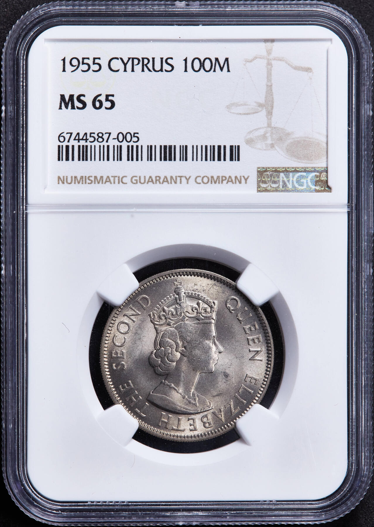 【俄甄集藏】2026年(046)01-07 星期三 晚 19:30 全场包邮 英属塞浦路斯1955年伊丽莎白二世帆船100米尔镍币，NGC MS65，转光品相