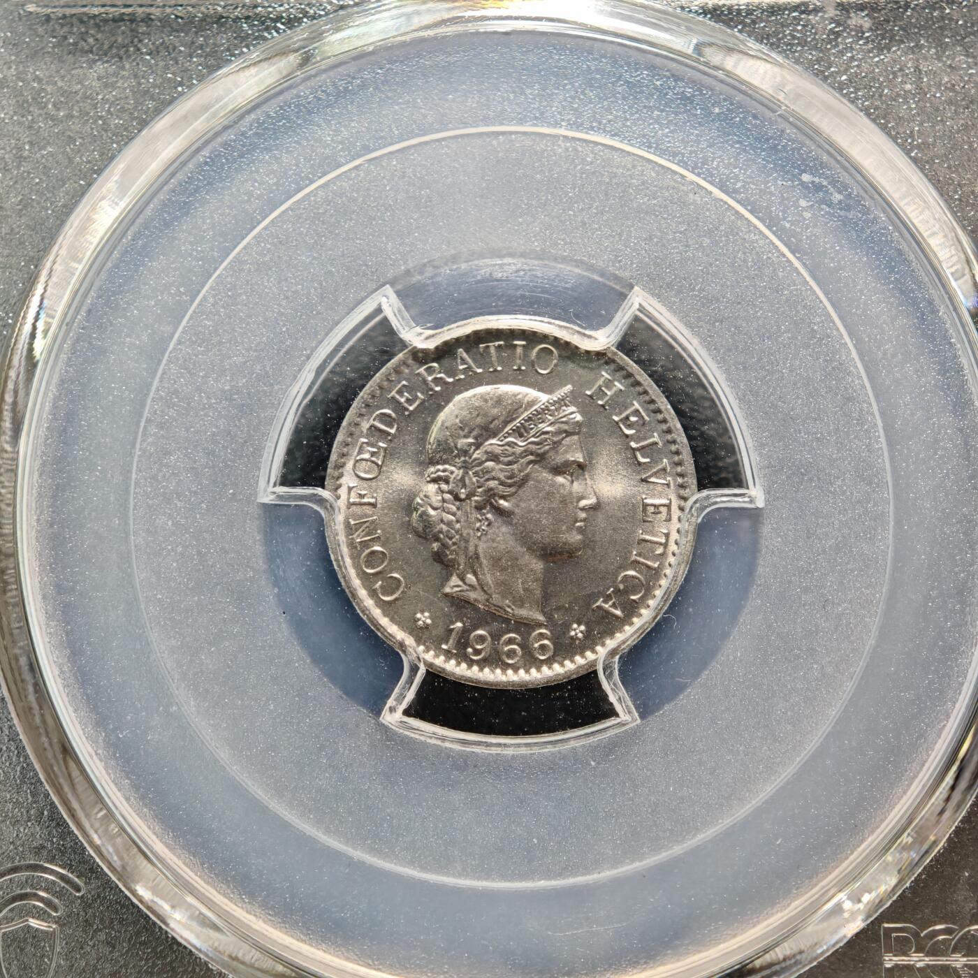 【德藏】世界币章拍卖第160期 1966年 瑞士5生丁镍币 PCGS MS67 转原光极强