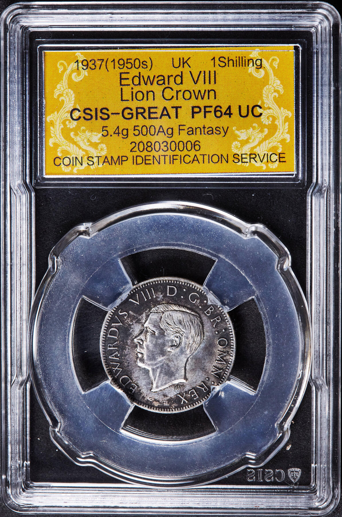 【俄甄集藏】2026年(046)01-07 星期三 晚 19:30 全场包邮 英国1937年爱德华八世Fantasy精制1先令银币，信泰 PF64UC，酱彩包浆，转光品相，稀少品种
