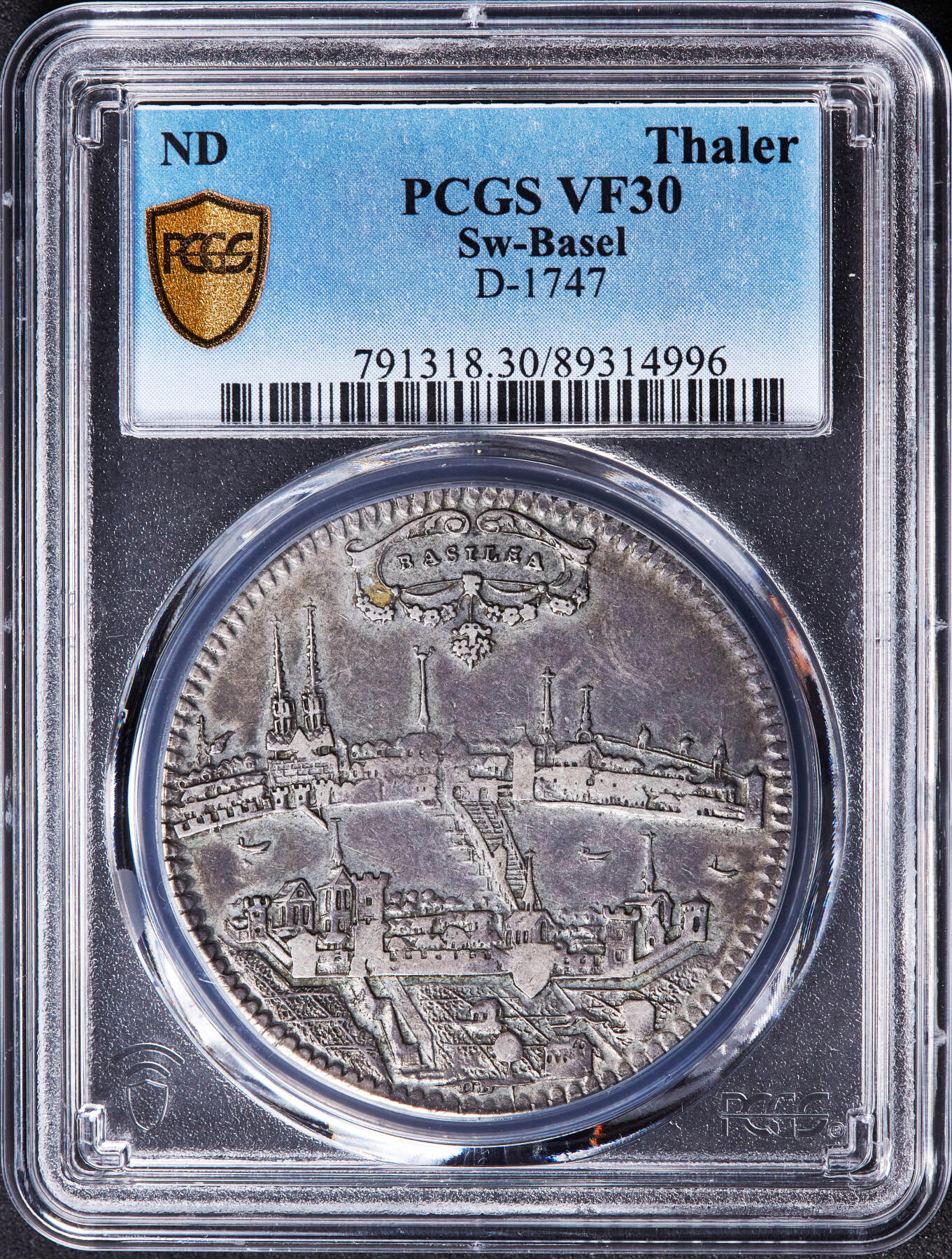 【俄甄集藏】2026年(046)01-07 星期三 晚 19:30 全场包邮 瑞士巴塞尔18世纪无纪年版城市景观1泰勒大银币，PCGS VF30，酱彩老包浆，经典品种