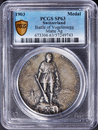 【俄甄集藏】2026年(046)01-07 星期三 晚 19:30 全场包邮 - 瑞士1903年纪念反抗哈布斯堡王朝沃格林塞格战役500周年大银章，PCGS SP63，黄油酱彩老包浆，设计精美，稀有品种，冠军分数