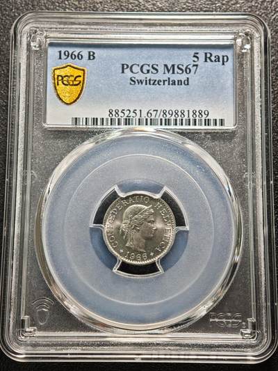 【德藏】世界币章拍卖第160期 - 1966年 瑞士5生丁镍币 PCGS MS67 转原光极强