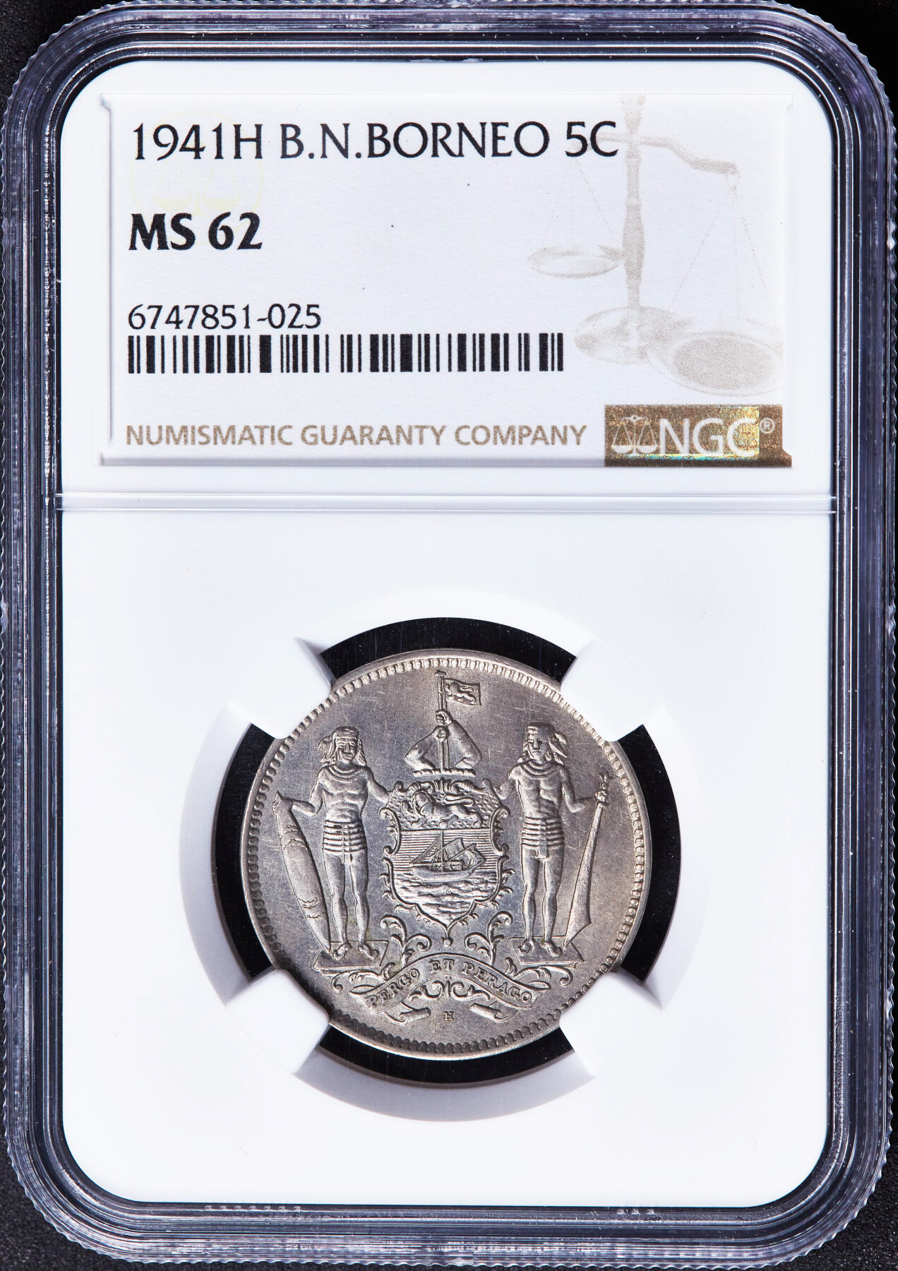 【俄甄集藏】2026年(046)01-07 星期三 晚 19:30 全场包邮 英属北婆罗洲1941年乔治六世5分镍币，NGC MS62，转光品相，好品少见
