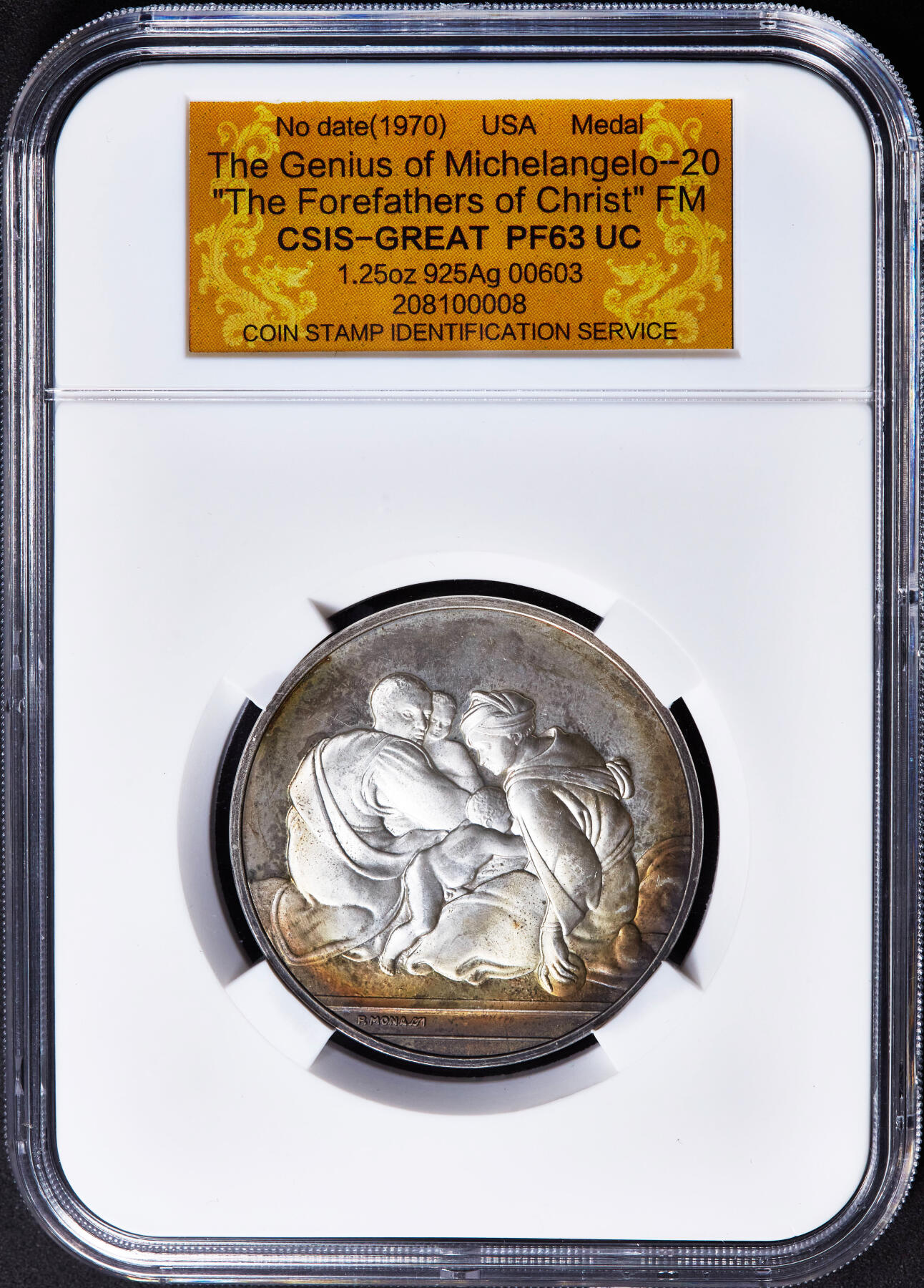 【俄甄集藏】2026年(046)01-07 星期三 晚 19:30 全场包邮 意大利1970年代浮雕复刻米开朗基罗《圣家族》雕塑宗教崇尚精制大银章，信泰 PF63UC，原味包浆，重1.25盎司，92.5%银，标签错误