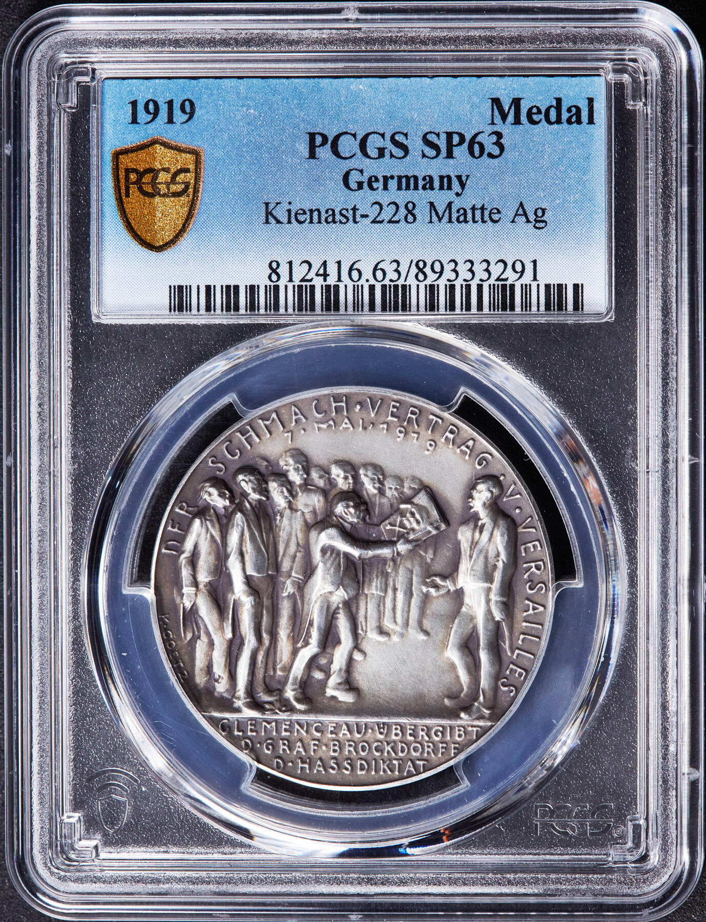 【俄甄集藏】2026年(046)01-07 星期三 晚 19:30 全场包邮 德国1919年纪念一战战败《凡尔赛条约》签署讽刺银章，PCGS SP63，卡尔·哥茨作品，黄油彩老包浆，稀少品种，唯一亚军