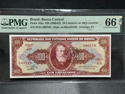 《外钞收藏家》第五百九十九期（畅拍场）（本平台长期征集拍品、欢迎藏友们联系合作） - 166-67年巴西100改值10 PMG66