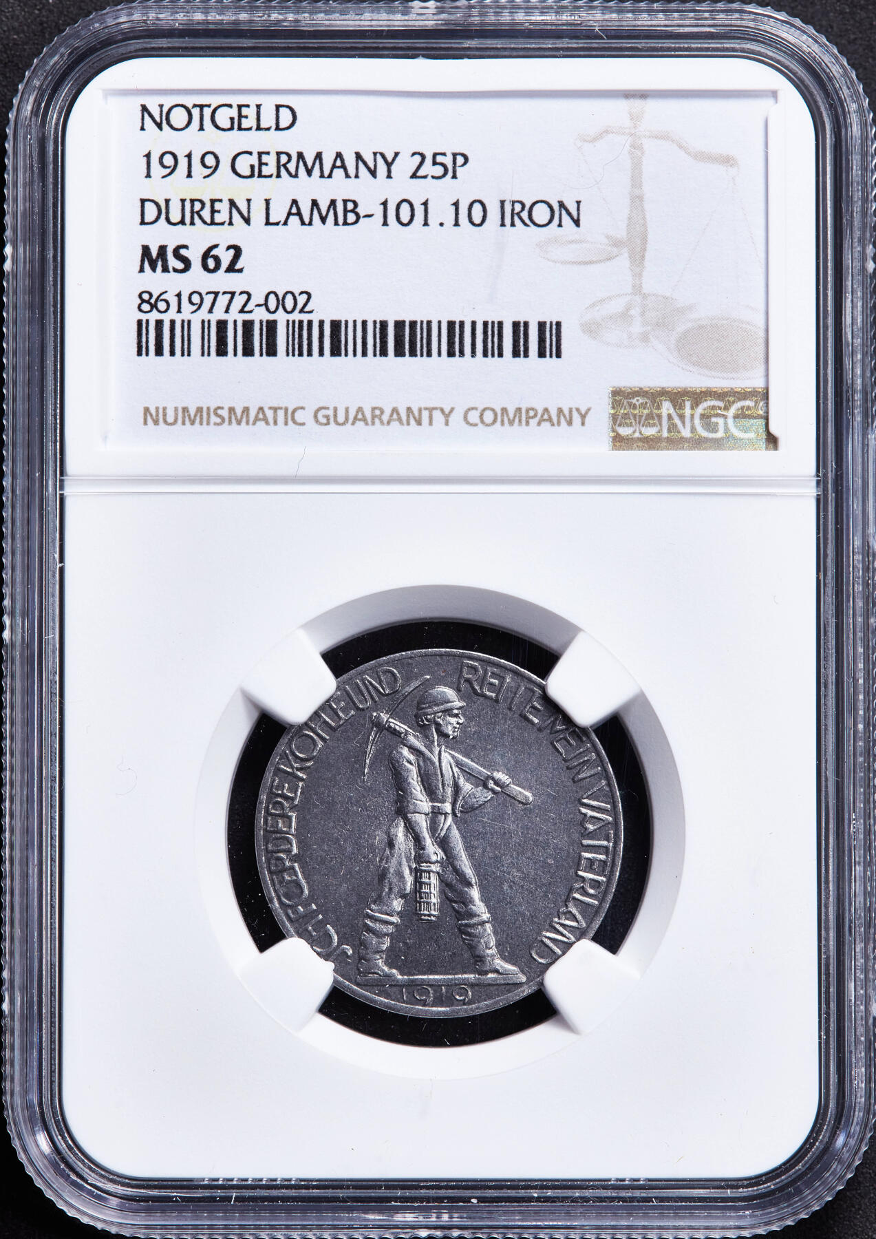 【俄甄集藏】2026年(046)01-07 星期三 晚 19:30 全场包邮 德国1919年战后紧急时期迪伦市25芬尼矿工铁币，NGC MS62，经典品种，MS难得