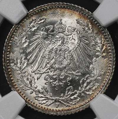 修遠堂世界钱币第一百期 - NGC MS67 1915年德国1/2马克银币 F厂铭，环彩