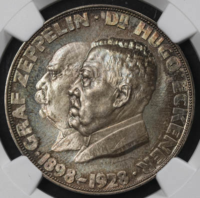 修遠堂世界钱币第一百期 - NGC MS65 1929年德国- “LZ 127 齐柏林伯爵号” 飞艇完成首次环球飞行（8 月 15 日 - 29 日）纪念银章