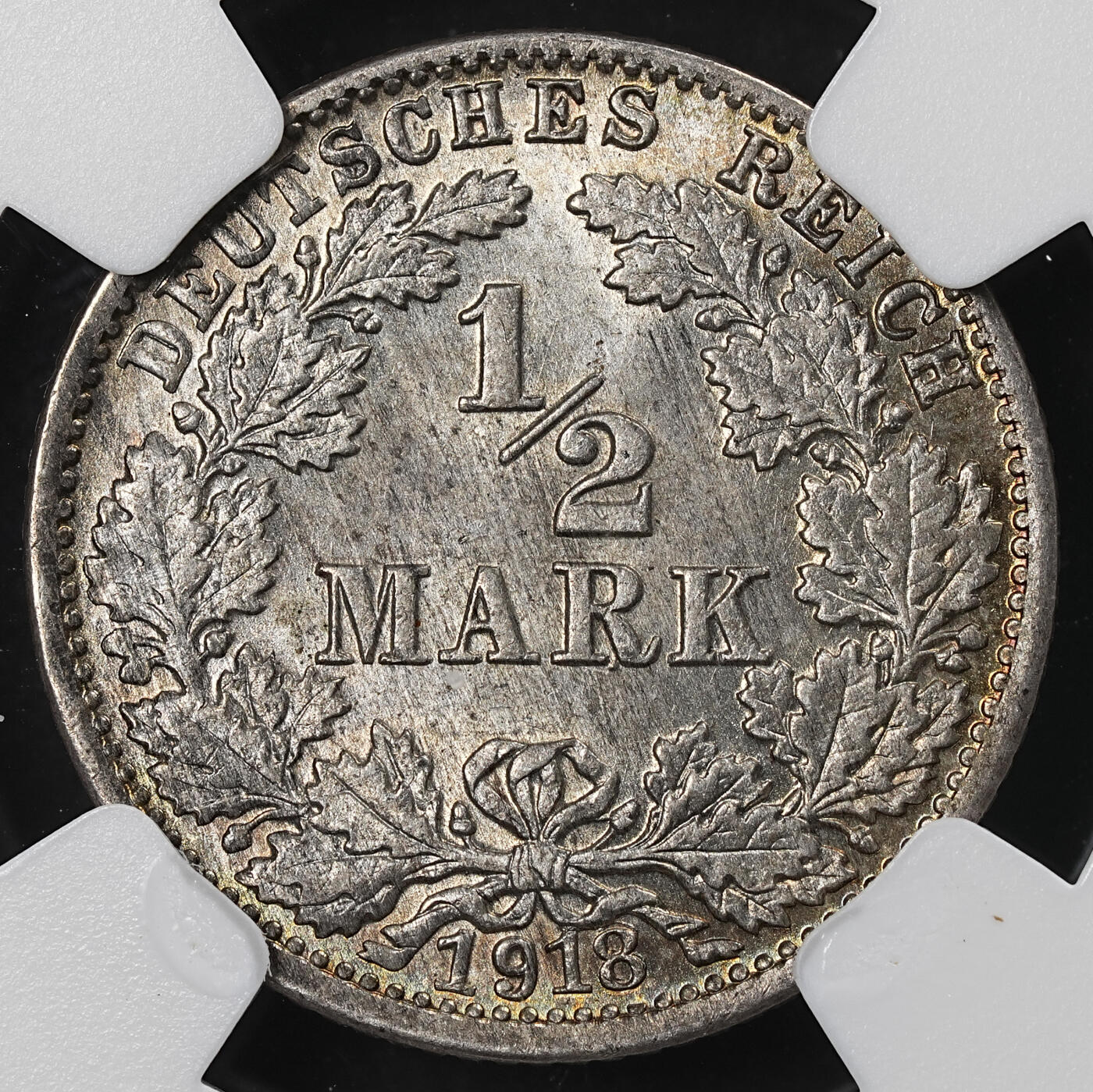 修遠堂世界钱币第一百期 NGC MS64 1918年德国1/2马克银币 J厂铭