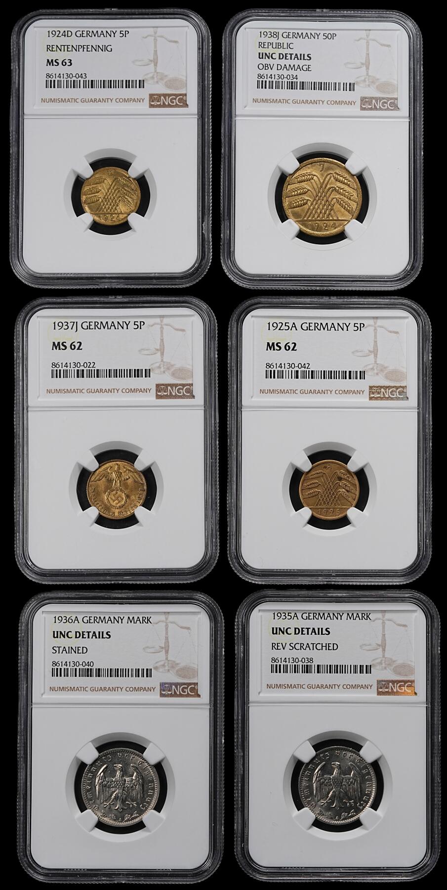 修遠堂世界钱币第一百期 NGC评级 德国近代硬币6枚
