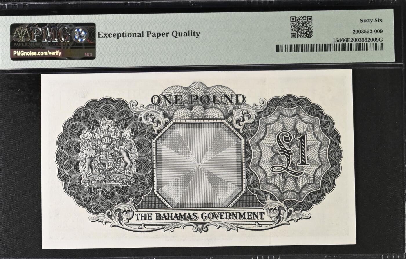 🎉🎉🎉《外钞收藏家》第六百期（年度庆典场）（本平台长期征集拍品、欢迎藏友们联系合作）❤️❤️❤️ 【无47】巴哈马 1963年1镑 大冠女王 PMG66EPQ 1英镑等于20先令 等于五张4先令 那时候购买力非常强大 拍卖行情900美金+