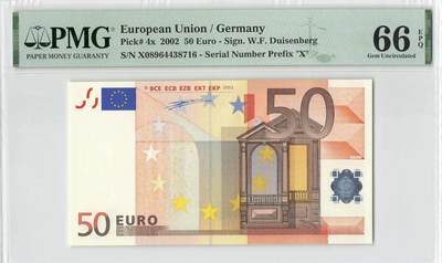 小福收藏拍卖第200期 【庆典场 中拍就有好礼相赠】评级币精选场 本期有捷克斯洛伐克20年100克朗慕夏作品大珍 69分倒置百位号布隆迪世界最大纸币  35年版加拿大经典 苏格兰格拉斯哥大学500年纪念钞倒置小号 卡塔尔80年100里亚尔冠军分 美国教育券 意大利拉斐尔 乌克兰 库克群岛 墨西哥 南斯拉夫 亚美尼亚等多国精美高分珍稀老钞精品纸币 - 德国 2002年 50欧元 少见一签 PMG66 EPQ 季军分