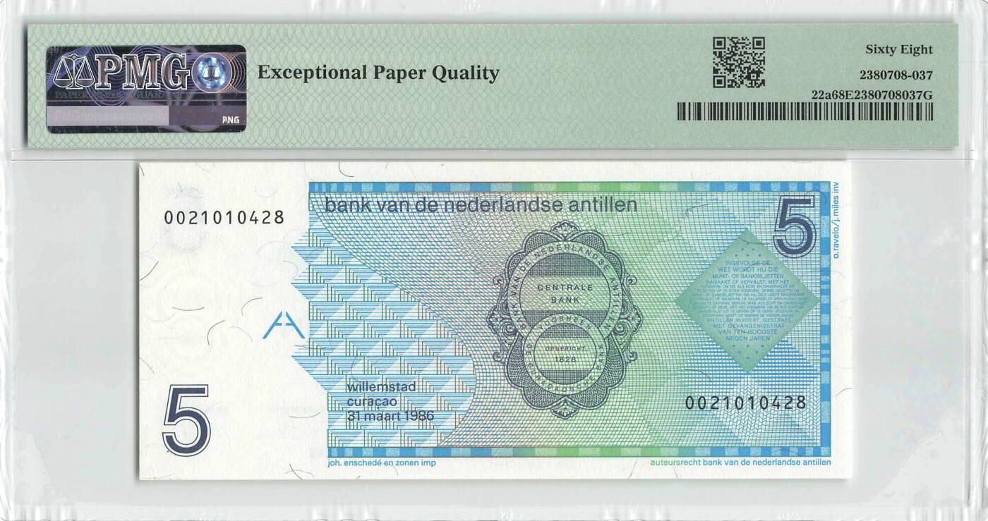 小福收藏拍卖第200期 【庆典场 中拍就有好礼相赠】评级币精选场 本期有捷克斯洛伐克20年100克朗慕夏作品大珍 69分倒置百位号布隆迪世界最大纸币  35年版加拿大经典 苏格兰格拉斯哥大学500年纪念钞倒置小号 卡塔尔80年100里亚尔冠军分 美国教育券 意大利拉斐尔 乌克兰 库克群岛 墨西哥 南斯拉夫 亚美尼亚等多国精美高分珍稀老钞精品纸币 荷属安的列斯 1986年 5盾 首年份 尾8 PMG68 EPQ 季军分