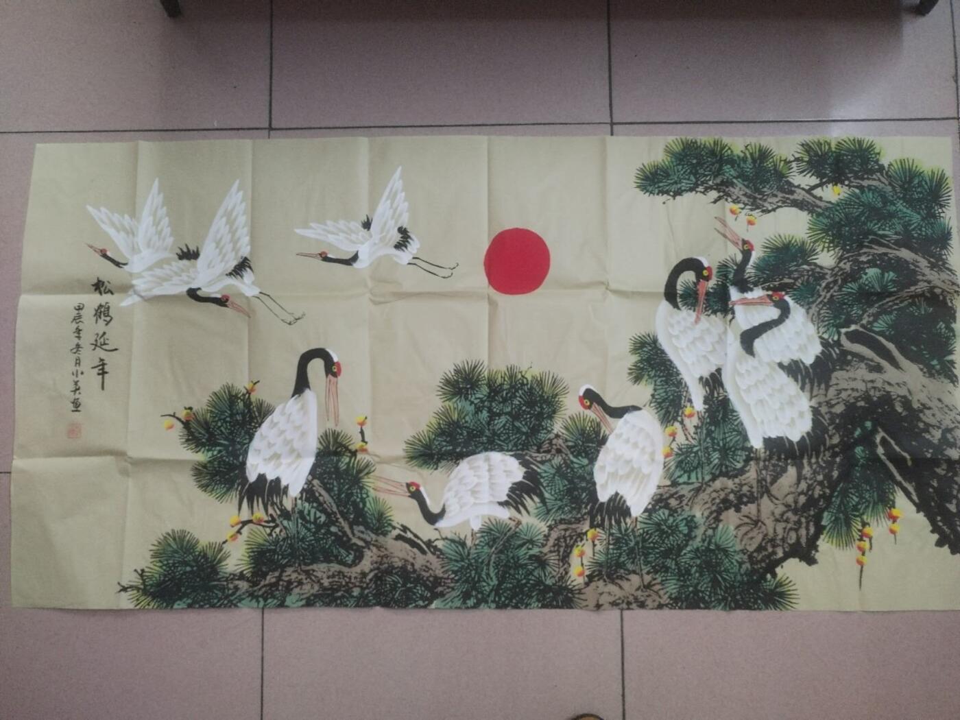 字画专场 李小英老师手绘 松鹤延年。140*70cm。