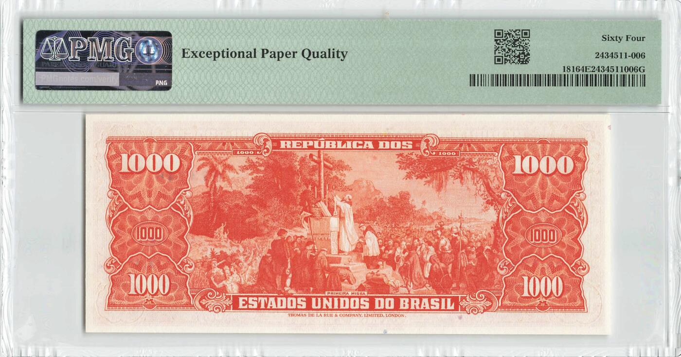 小福收藏拍卖第198期 评级币精选场  本期有菲律宾百位靓号100000比索超大纪念钞 苏里南25000盾花鸟版最高值 柬埔寨珍品56年50瑞尔 南越未发行版最高值打飞机  巴哈马彩背 老挝中国代印57年样钞 匈牙利 斯洛伐克 法罗群岛等多国精美高分珍稀老钞精品纸币 巴西 1963年 1000克鲁塞罗 PMG64 EPQ