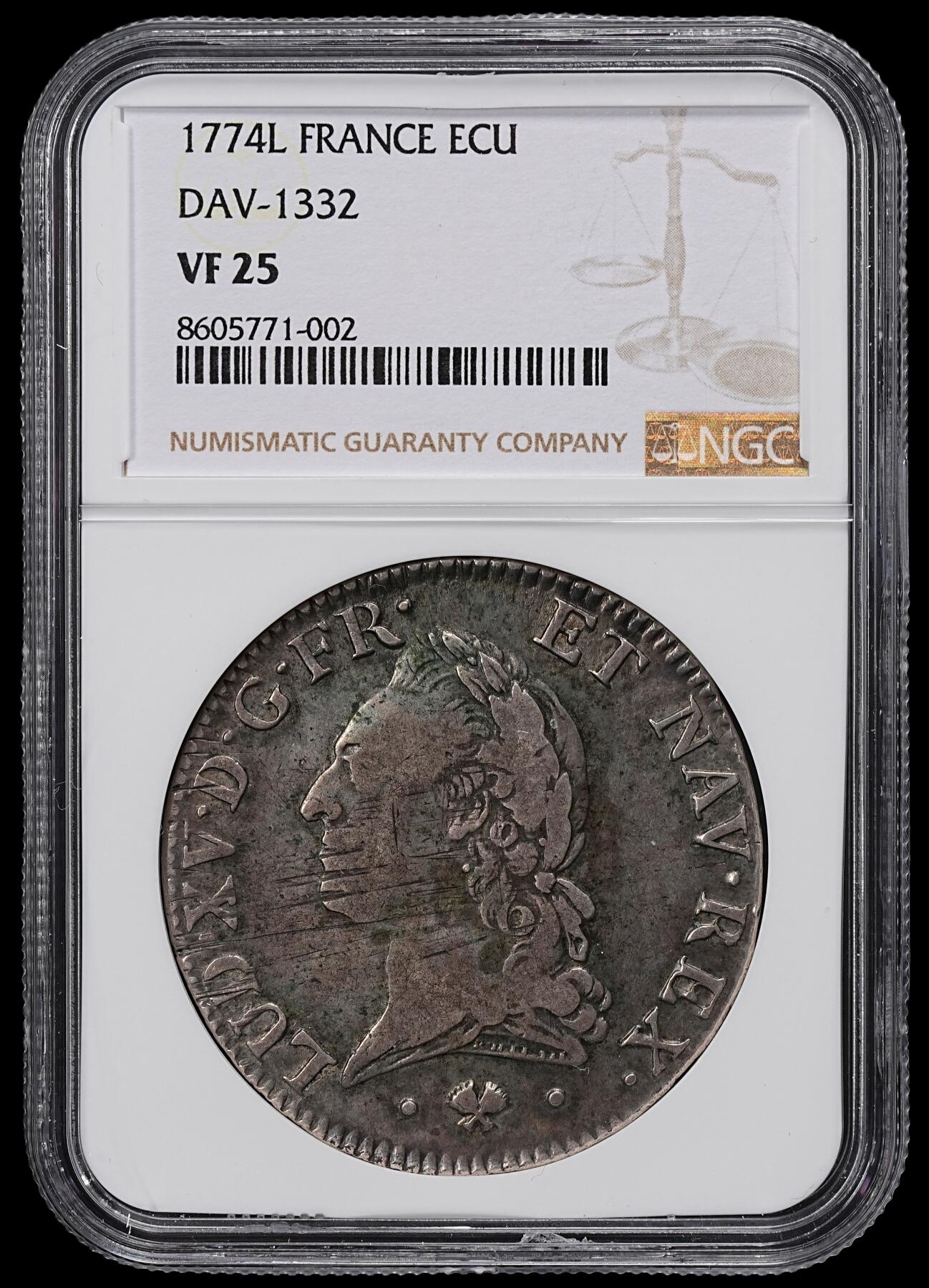 修遠堂世界钱币第一百期 NGC VF25 1774年法国埃居大银币 L厂铭