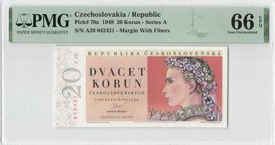 小福收藏拍卖第200期 【庆典场 中拍就有好礼相赠】评级币精选场 本期有捷克斯洛伐克20年100克朗慕夏作品大珍 69分倒置百位号布隆迪世界最大纸币  35年版加拿大经典 苏格兰格拉斯哥大学500年纪念钞倒置小号 卡塔尔80年100里亚尔冠军分 美国教育券 意大利拉斐尔 乌克兰 库克群岛 墨西哥 南斯拉夫 亚美尼亚等多国精美高分珍稀老钞精品纸币 - 捷克斯洛伐克 1949年 20克朗 花环少女 少见实票 PMG66 EPQ 亚军分