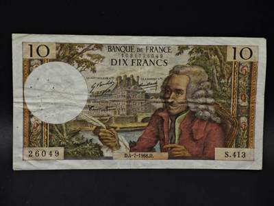 【淘币小摊】限时拍第八百四十二拍  纸币场  满百包邮可预留两周  周一统一发货  - 法国1968年10法郎纸币【有折针眼】