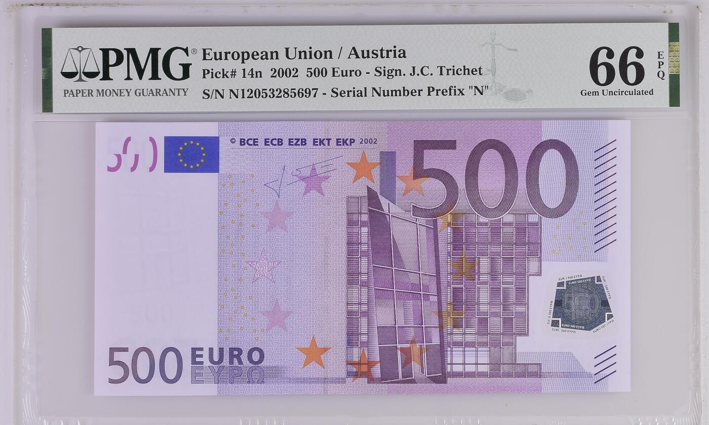 🎉🎉🎉《外钞收藏家》第六百期（年度庆典场）（本平台长期征集拍品、欢迎藏友们联系合作）❤️❤️❤️ 【长号无4】500欧元 奥地利版 PMG66epq N冠 长号无4非常难得 帝王紫的配色让众多钱币收藏家趋之若鹜