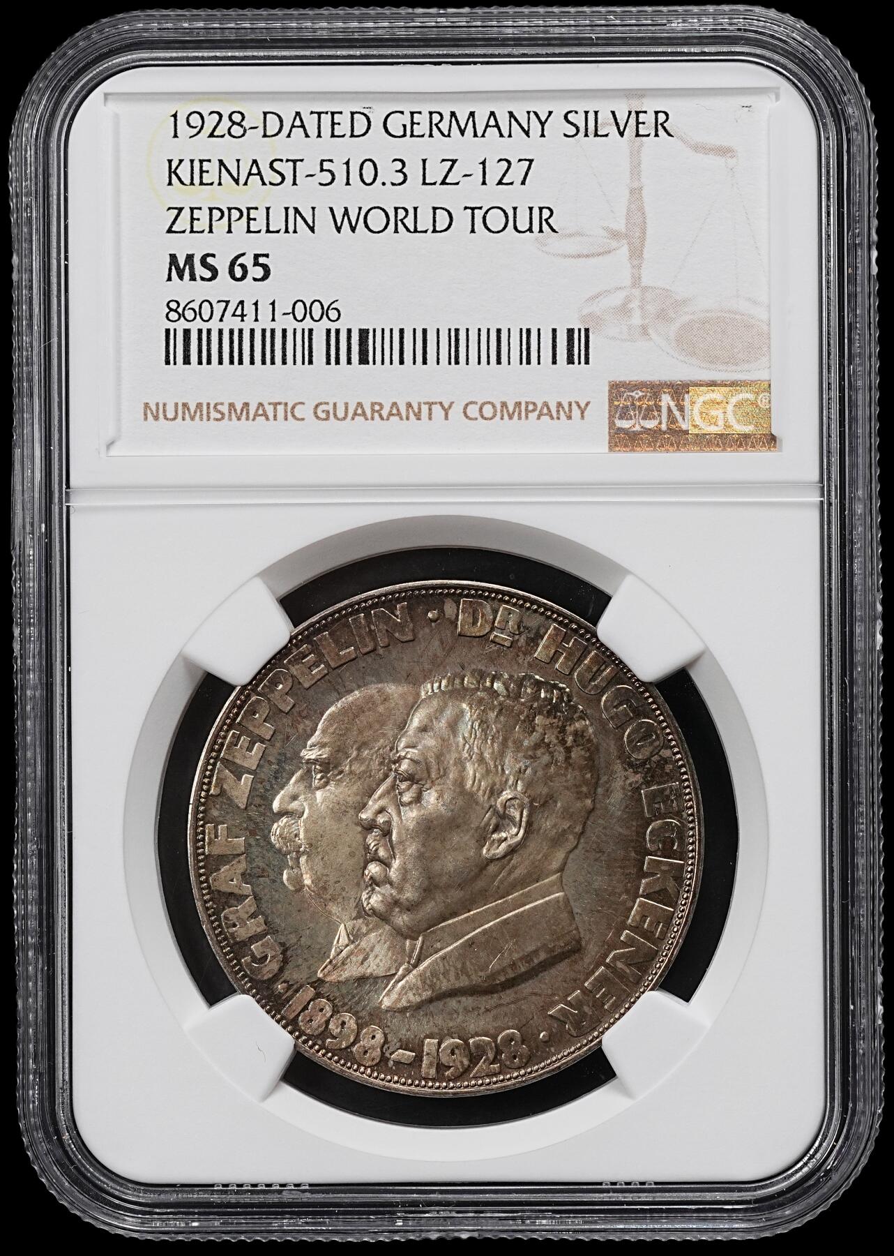修遠堂世界钱币第一百期 NGC MS65 1929年德国- “LZ 127 齐柏林伯爵号” 飞艇完成首次环球飞行（8 月 15 日 - 29 日）纪念银章