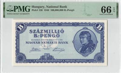 小福收藏拍卖第198期 评级币精选场  本期有菲律宾百位靓号100000比索超大纪念钞 苏里南25000盾花鸟版最高值 柬埔寨珍品56年50瑞尔 南越未发行版最高值打飞机  巴哈马彩背 老挝中国代印57年样钞 匈牙利 斯洛伐克 法罗群岛等多国精美高分珍稀老钞精品纸币 - 匈牙利 1946年 100.000.000.000.000.000.000潘戈（1垓） 人类历史上实际流通过最大面值的纸币 面值仅次于匈牙利10垓（印刷但是没有发行） 比津巴布韦100万亿那张还大100万倍 B版 p-136 PMG66 EPQ 亚军分（冠军分仅2枚）