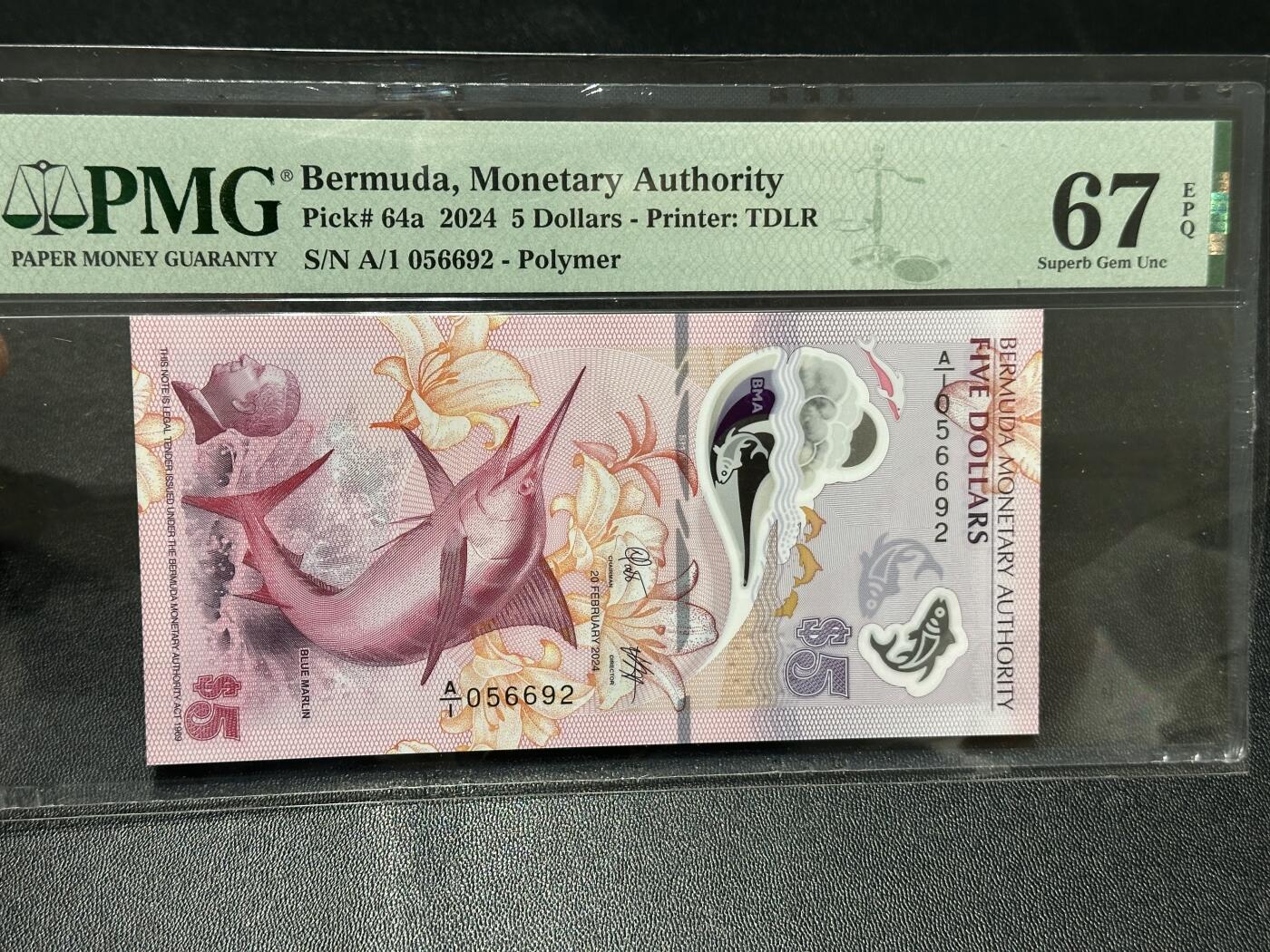 🎉🎉🎉《外钞收藏家》第六百期（年度庆典场）（本平台长期征集拍品、欢迎藏友们联系合作）❤️❤️❤️ 2024年百慕大5元 PMG67 无47 A/1冠 获奖钞