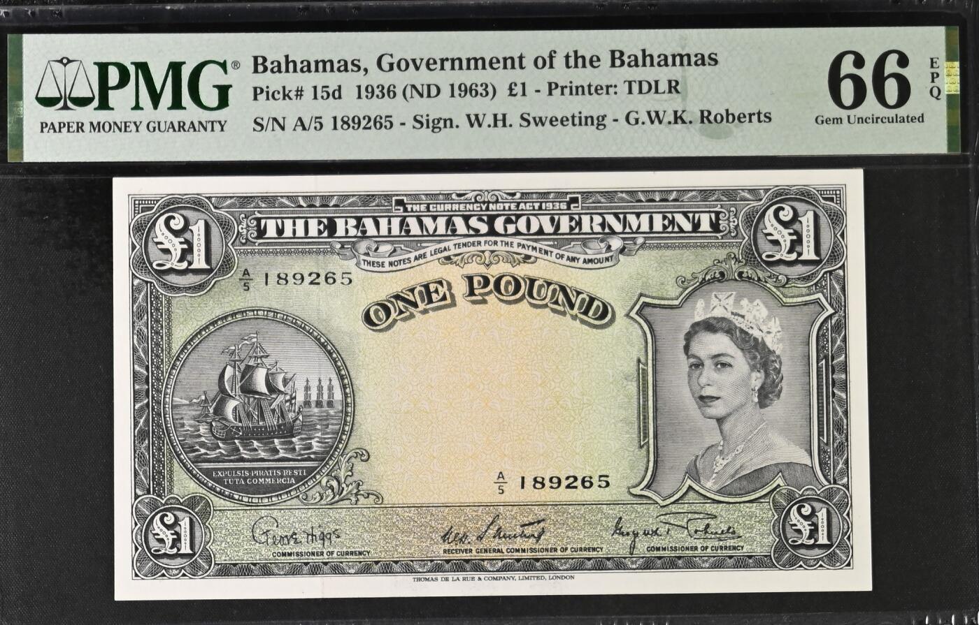 🎉🎉🎉《外钞收藏家》第六百期（年度庆典场）（本平台长期征集拍品、欢迎藏友们联系合作）❤️❤️❤️ 【无47】巴哈马 1963年1镑 大冠女王 PMG66EPQ 1英镑等于20先令 等于五张4先令 那时候购买力非常强大 拍卖行情900美金+
