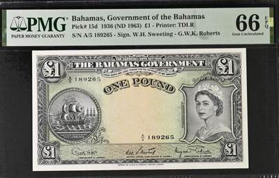 🎉🎉🎉《外钞收藏家》第六百期（年度庆典场）（本平台长期征集拍品、欢迎藏友们联系合作）❤️❤️❤️ - 【无47】巴哈马 1963年1镑 大冠女王 PMG66EPQ 1英镑等于20先令 等于五张4先令 那时候购买力非常强大 拍卖行情900美金+