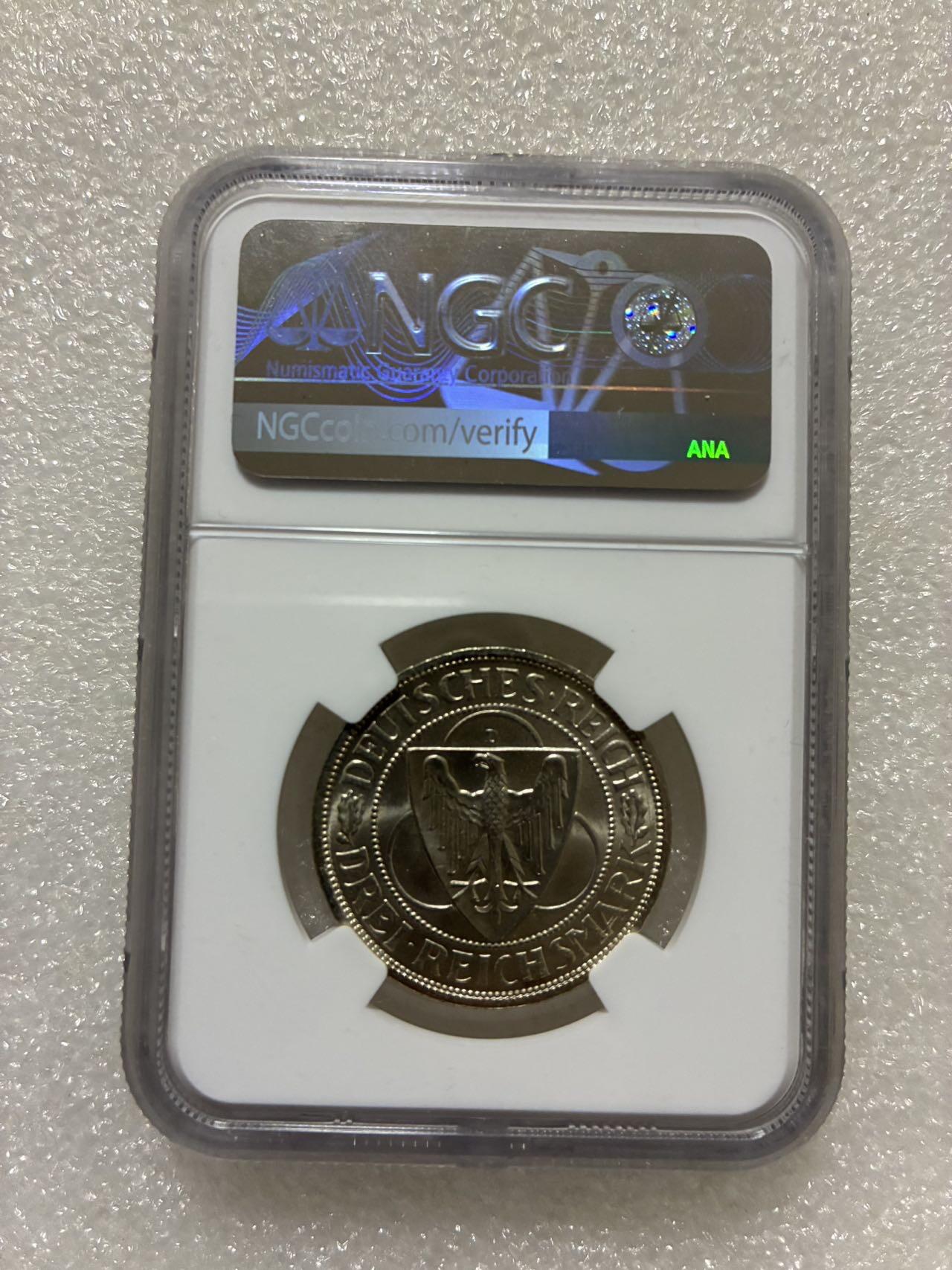 NGC MS 64+ 德国魏玛共和国1930年D  莱茵 3马克 纪念银币