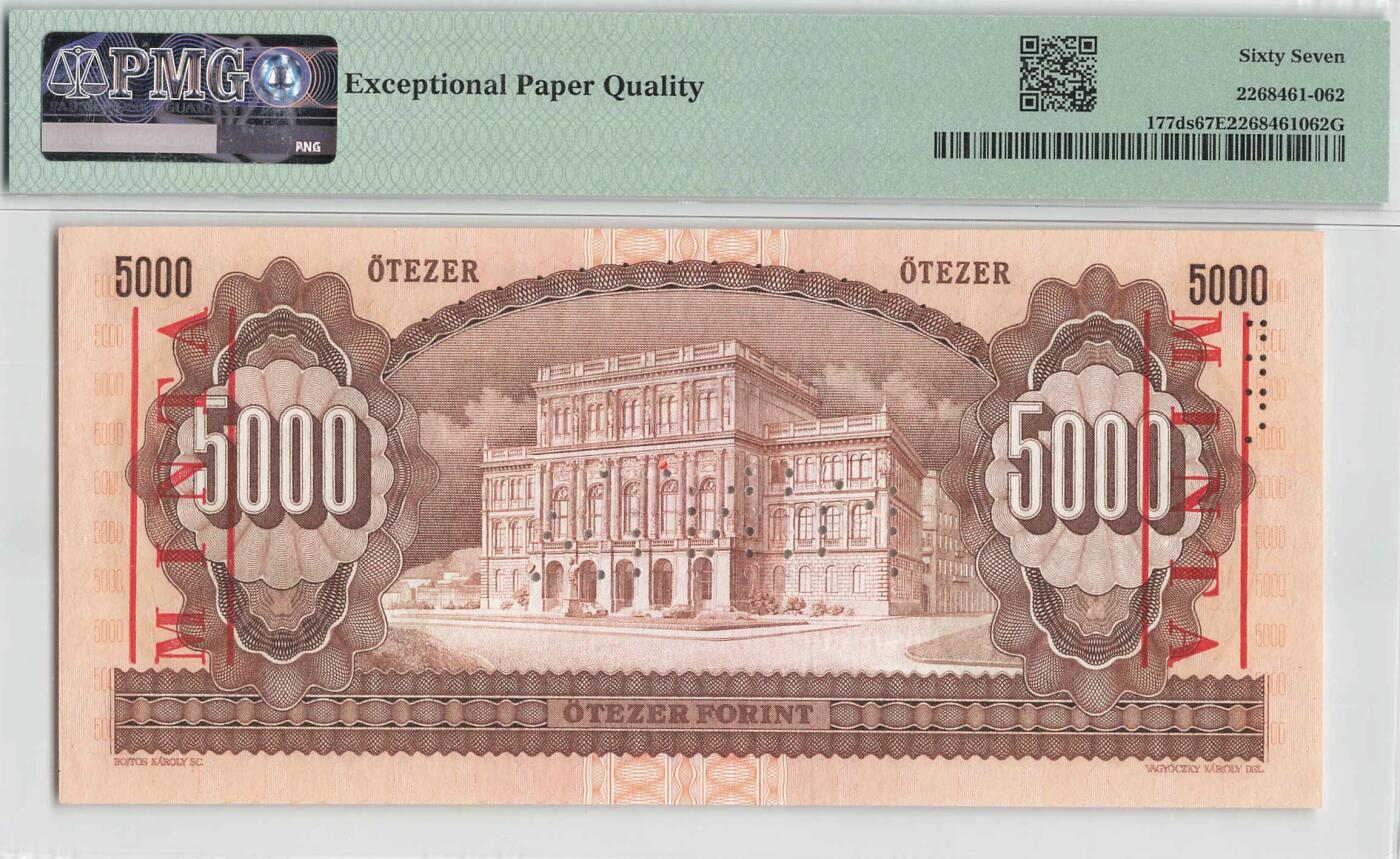 小福收藏拍卖第198期 评级币精选场  本期有菲律宾百位靓号100000比索超大纪念钞 苏里南25000盾花鸟版最高值 柬埔寨珍品56年50瑞尔 南越未发行版最高值打飞机  巴哈马彩背 老挝中国代印57年样钞 匈牙利 斯洛伐克 法罗群岛等多国精美高分珍稀老钞精品纸币 匈牙利 1995年 5000福林 样钞 无47 百位号 PMG67 EPQ 唯1冠军分！！！