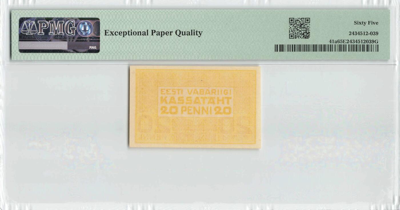 小福收藏拍卖第200期 【庆典场 中拍就有好礼相赠】评级币精选场 本期有捷克斯洛伐克20年100克朗慕夏作品大珍 69分倒置百位号布隆迪世界最大纸币  35年版加拿大经典 苏格兰格拉斯哥大学500年纪念钞倒置小号 卡塔尔80年100里亚尔冠军分 美国教育券 意大利拉斐尔 乌克兰 库克群岛 墨西哥 南斯拉夫 亚美尼亚等多国精美高分珍稀老钞精品纸币 爱沙尼亚 1919年 20Penni 少见 PMG65 EPQ 亚军分（冠军分仅1枚）