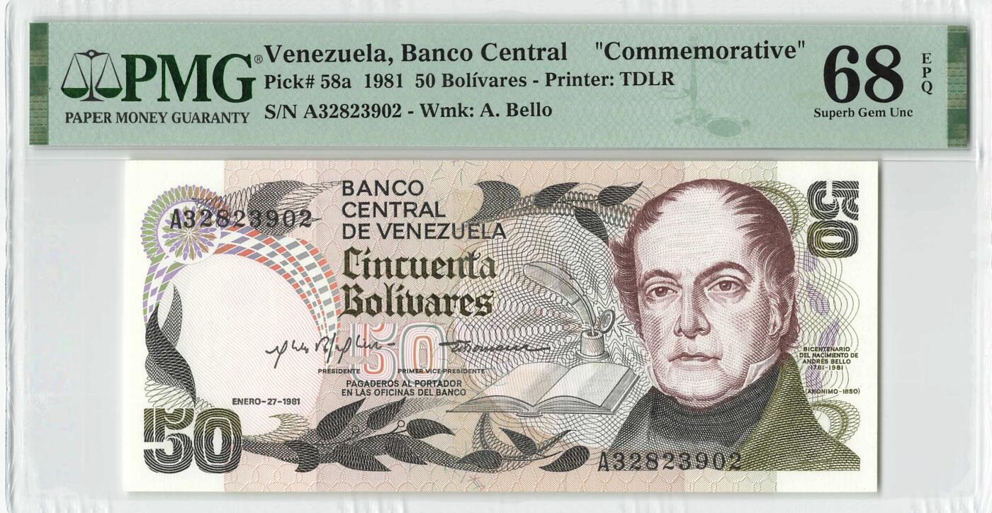 小福收藏拍卖第200期 【庆典场 中拍就有好礼相赠】评级币精选场 本期有捷克斯洛伐克20年100克朗慕夏作品大珍 69分倒置百位号布隆迪世界最大纸币  35年版加拿大经典 苏格兰格拉斯哥大学500年纪念钞倒置小号 卡塔尔80年100里亚尔冠军分 美国教育券 意大利拉斐尔 乌克兰 库克群岛 墨西哥 南斯拉夫 亚美尼亚等多国精美高分珍稀老钞精品纸币 委内瑞拉 1981年 50玻利瓦尔 纪念钞 A冠 无47 PMG68 EPQ 亚军分（冠军分仅1枚）