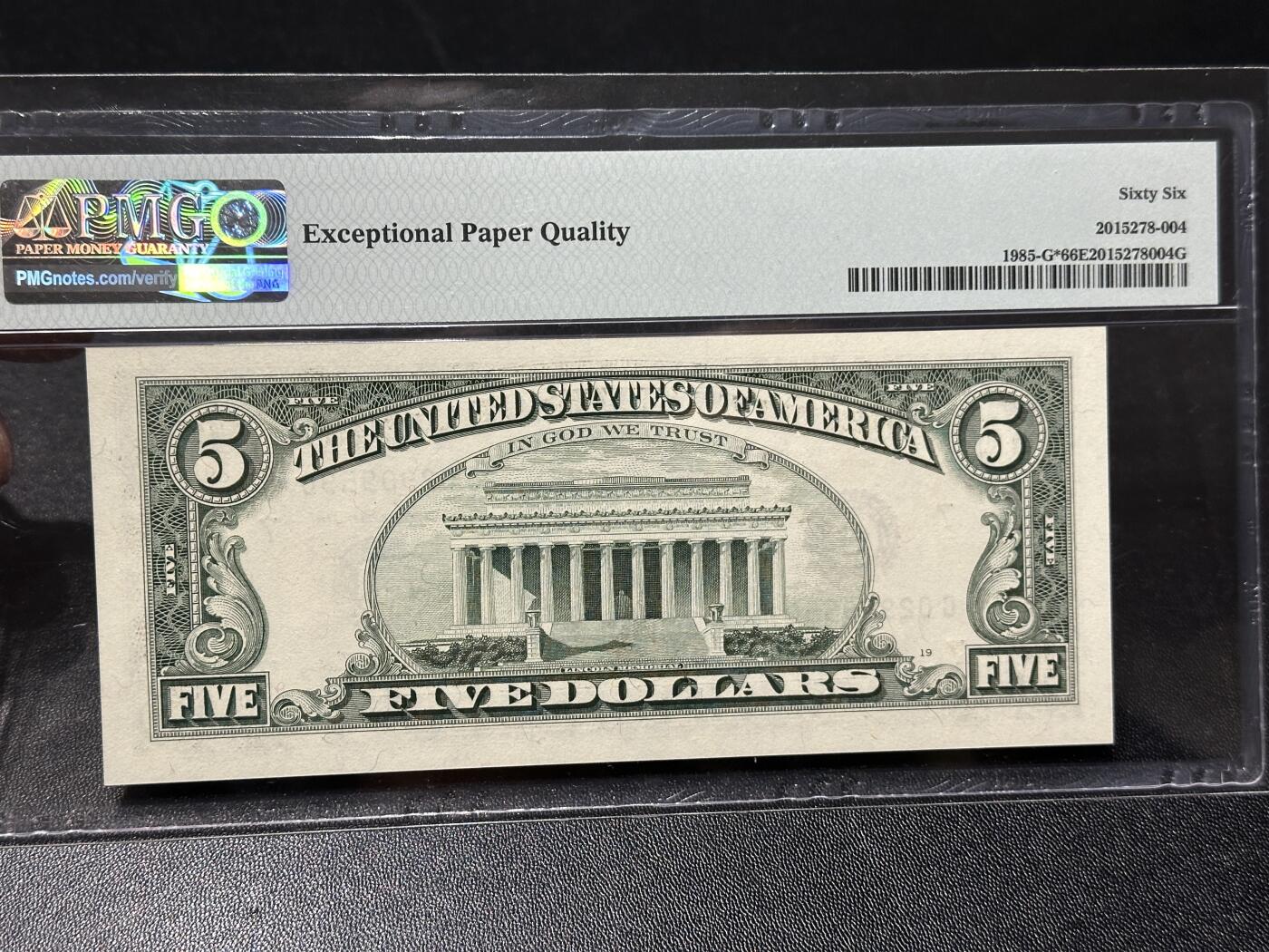 🎉🎉🎉《外钞收藏家》第六百期（年度庆典场）（本平台长期征集拍品、欢迎藏友们联系合作）❤️❤️❤️ 1995年美国小头版5美元 PMG66 补号 无47