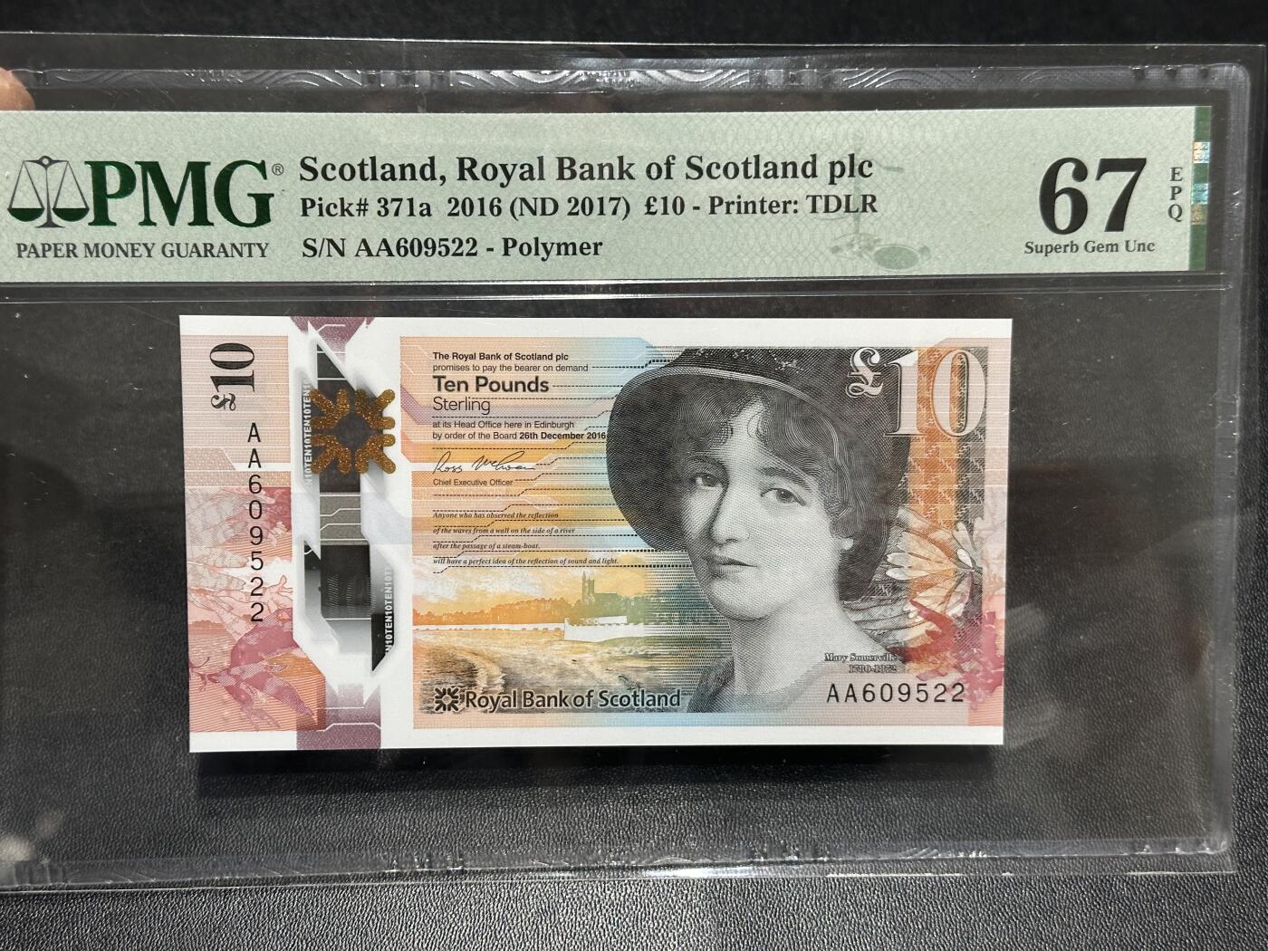 🎉🎉🎉《外钞收藏家》第六百期（年度庆典场）（本平台长期征集拍品、欢迎藏友们联系合作）❤️❤️❤️ 2016年苏格兰皇家银行10镑 PMG67 AA冠 无47