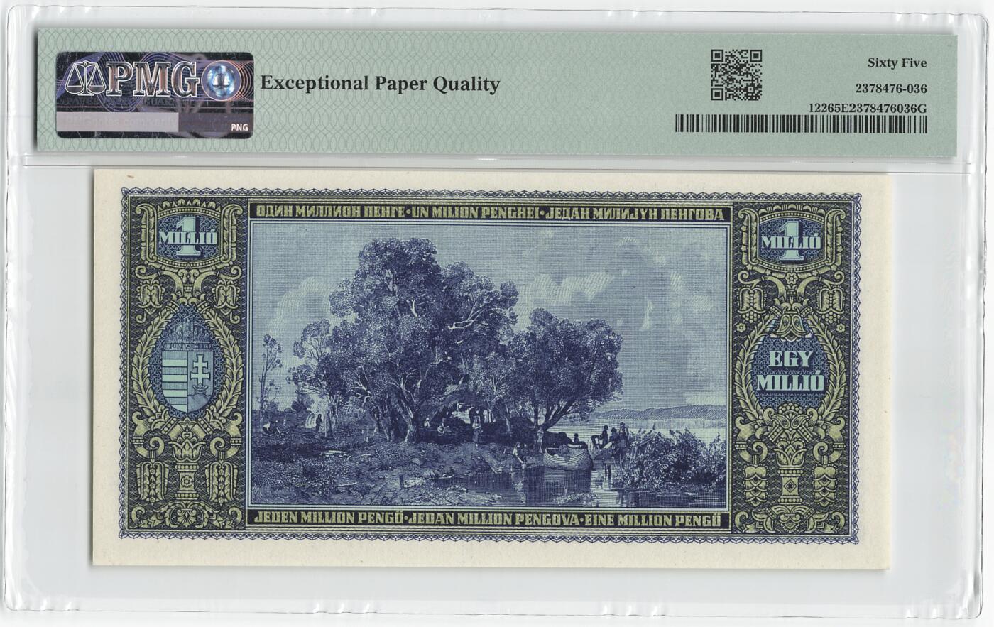 小福收藏拍卖第198期 评级币精选场  本期有菲律宾百位靓号100000比索超大纪念钞 苏里南25000盾花鸟版最高值 柬埔寨珍品56年50瑞尔 南越未发行版最高值打飞机  巴哈马彩背 老挝中国代印57年样钞 匈牙利 斯洛伐克 法罗群岛等多国精美高分珍稀老钞精品纸币 匈牙利 1945年 1000000潘戈 p-122 PMG65 EPQ 季军分 