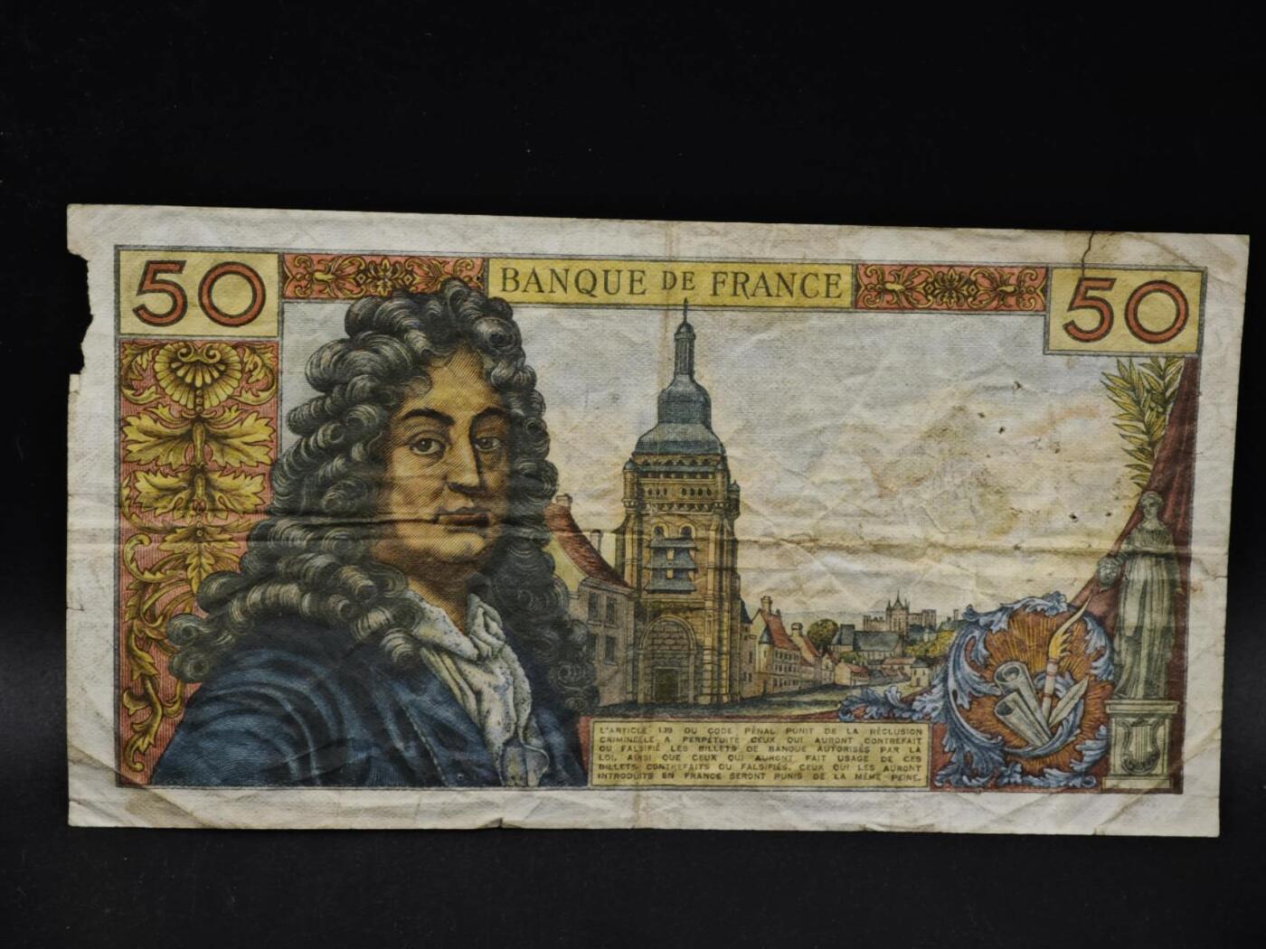 【淘币小摊】限时拍第八百四十二拍  纸币场  满百包邮可预留两周  周一统一发货  法国1969年50法郎纸币【有折针眼缺损】