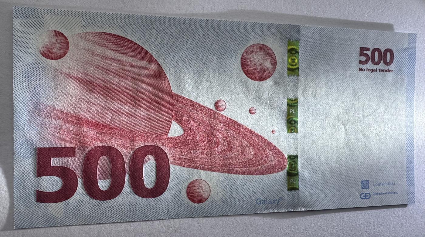 2026第1场（总第228期）：精品测试钞、外钞、塑料钞、连体钞综合场 德国捷德G&D “红版木星”500面额Galaxy金变绿安全线测试钞UNC